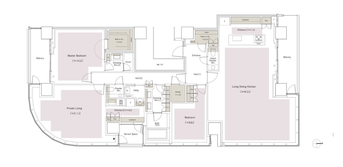 LoveCHA97798351's tweet image. パークコート麻布十番東京
間取りのページで一番最初に200㎡の部屋が紹介されているので気合い入ってるな、と思ったらこの広さでキッチンが2つある謎間取りだった😅