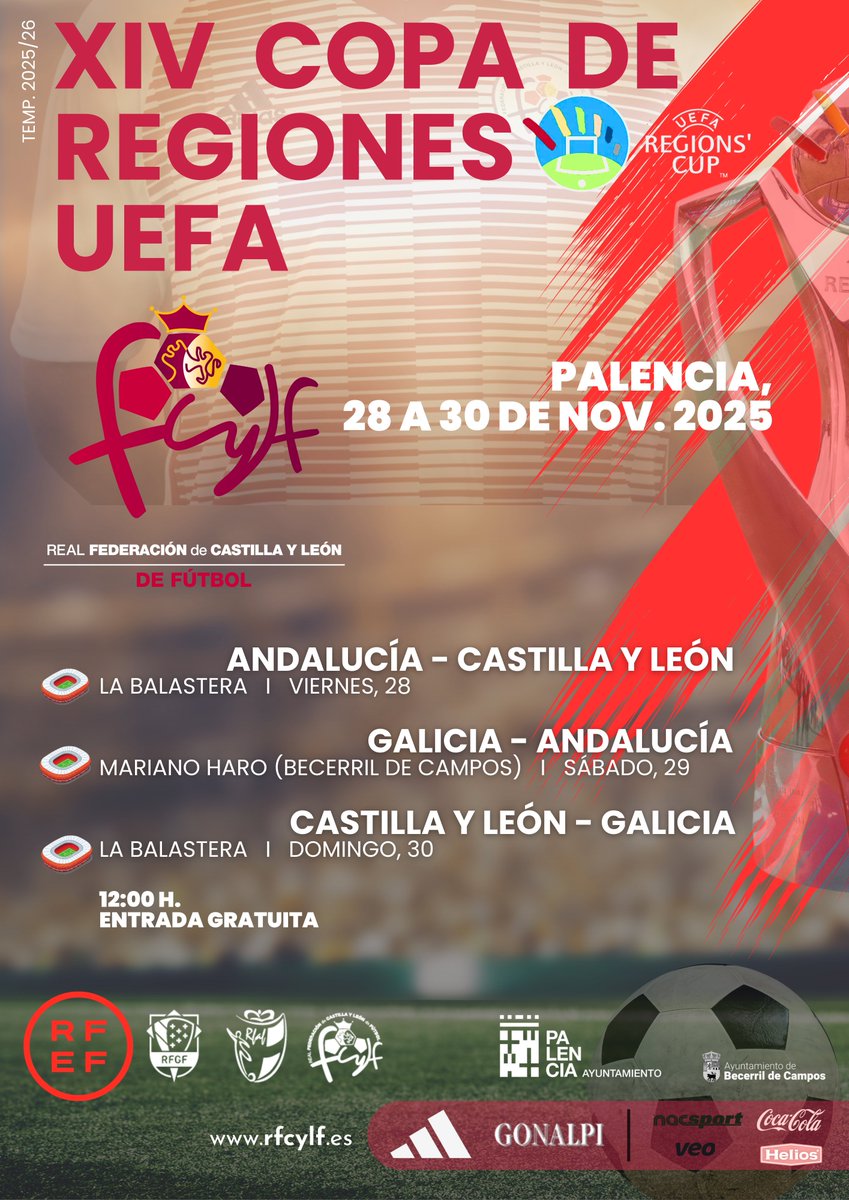 🏆La XIV Copa de Regiones <a href="/UEFA/">UEFA</a> se juega en #Palencia del 28 al 30 de noviembre con <a href="/FCyLF/">RFCYLF</a> <a href="/futgal/">RFGF</a> <a href="/RFAF/">RFAF</a>  𝐀𝐜𝐮𝐝𝐞 𝐚 𝐚𝐧𝐢𝐦𝐚𝐫 𝐚 𝐭𝐮 𝐒𝐞𝐥𝐞𝐜𝐜𝐢ó𝐧 ⚪️🔴

Entrada gratuita
🏟️La Balastera <a href="/PalenciaAyto/">Ayuntamiento de Palencia</a> 
🏟️Mariano Haro <a href="/BecedeCampos/">Becerril de Campos</a> 

ℹ️ rfcylf.es/pnfg/NNws_ShwN…