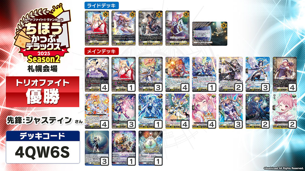 cfvanguard_PR's tweet image. 【#週ヴァン】
🗾ちほうかっぷ #デラックス 2025 Season2🗾
📝札幌会場 アフターレポート📝

優勝チームの使用デッキを公開！
入賞した皆様、おめでとうございます🎉

#ヴァンガード  #ディヴァインズ