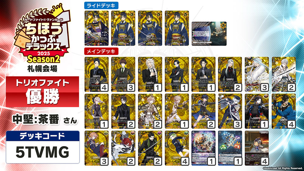 cfvanguard_PR's tweet image. 【#週ヴァン】
🗾ちほうかっぷ #デラックス 2025 Season2🗾
📝札幌会場 アフターレポート📝

優勝チームの使用デッキを公開！
入賞した皆様、おめでとうございます🎉

#ヴァンガード  #ディヴァインズ