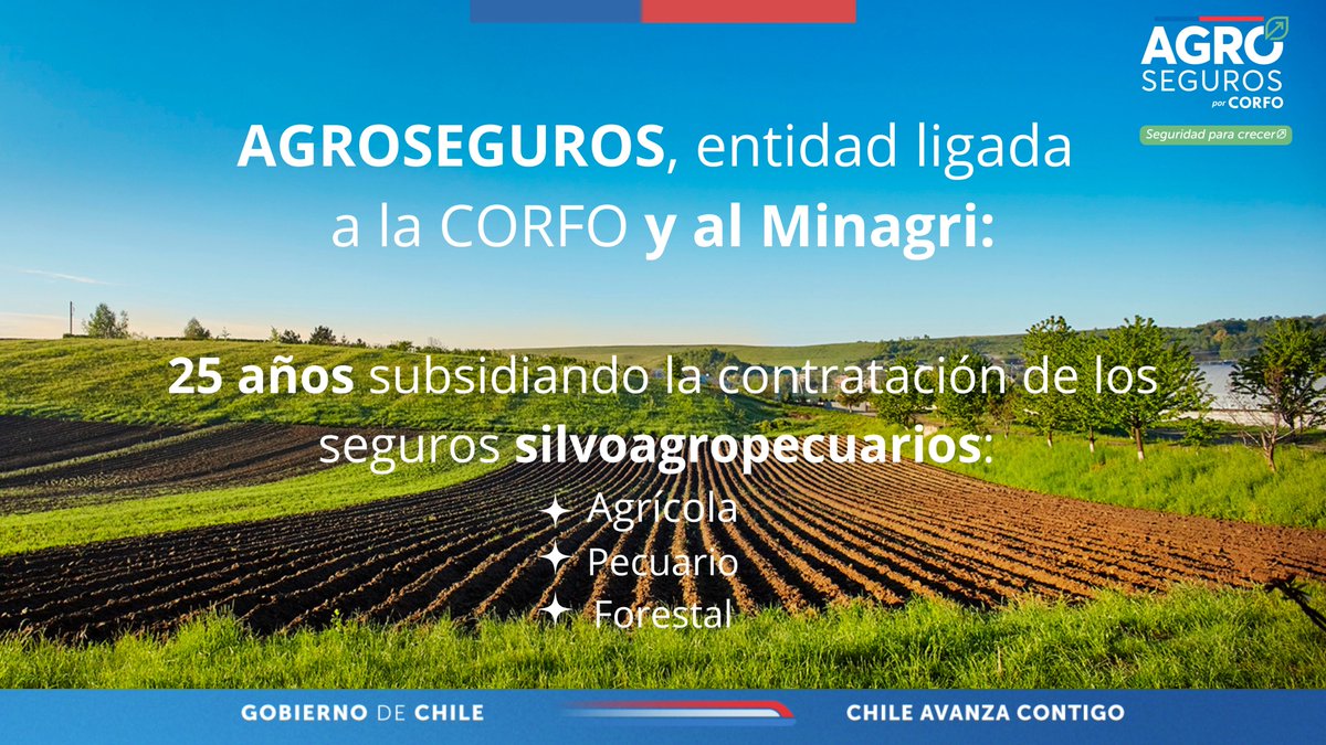 📢¡INFÓRMATE YA!

Hace más de dos décadas que AGROSEGUROS, entidad ligada a <a href="/Corfo/">Corfo</a> y <a href="/MinagriCL/">Ministerio de Agricultura de Chile 🇨🇱</a> , administra un subsidio para la contratación de seguros individuales, para ayudar a los/as agricultores a proteger su inversión frente a diversos riesgos climáticos y otros.