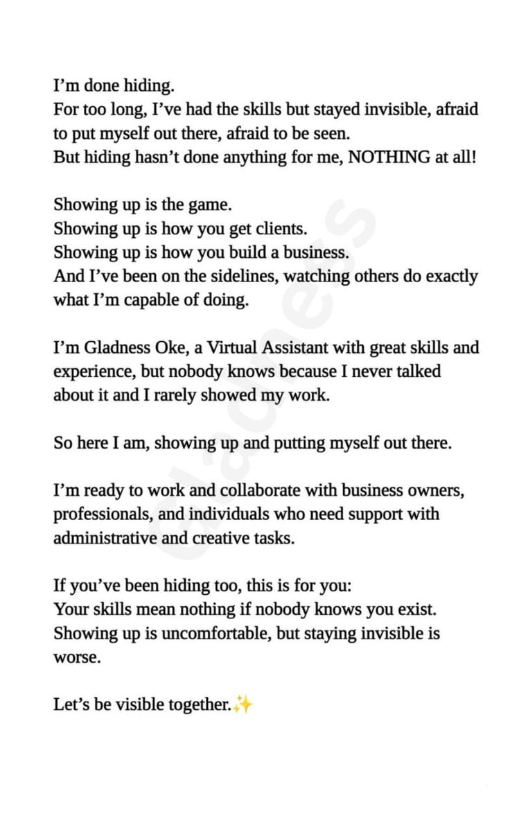 Okegladness's tweet image. I am a Virtual Assistant that helps business owners, individuals and professionals with administrative and creative tasks.

I keep you organized, reduce your stress and make life easier for you.

Let&apos;s work together.✨

#VirtualAssistant #Personalassistants