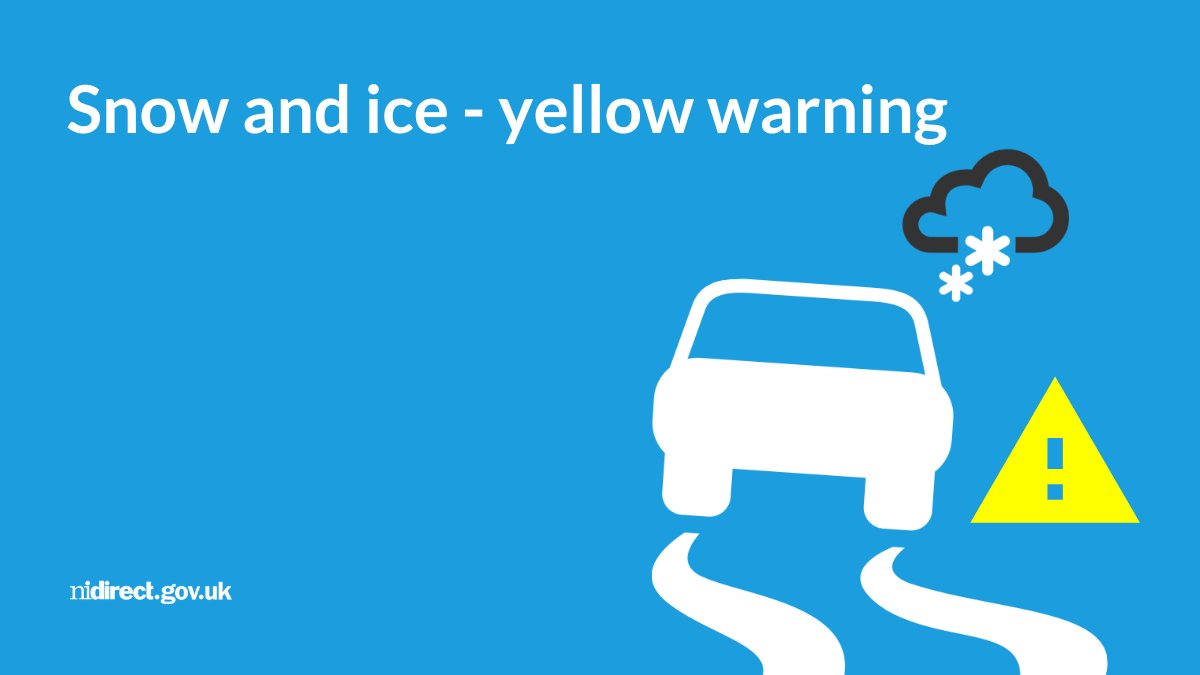 nidirect's tweet image. There is a @metofficeni weather warning for snow and ice from midnight tonight to 12pm tomorrow (Wed 19 Nov).
There could be hazardous driving conditions and travel delays.
Take extra care.
Info &amp;amp; advice: nidirect.gov.uk/snow-ice
@deptinfra @dcsdcouncil @belfastcc @CausewayCouncil
