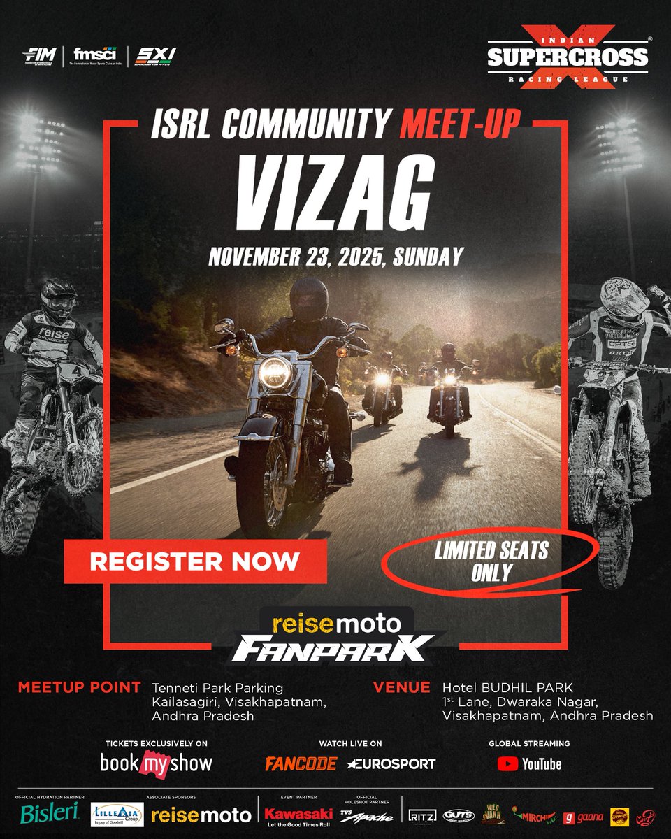 🏁 Vizag Riders — it’s your time to throttle up! 🔥

The <a href="/ISRL_official/">ISRL - Indian Supercross Racing League</a> X <a href="/reisemoto_/">Reise Moto</a> Community Meet-Up hits Visakhapatnam this Sunday, 23rd November! ⚡

Limited seats. Big energy.
👉 Register now via the link: forms.gle/4YBDJfHV7UQdV1…