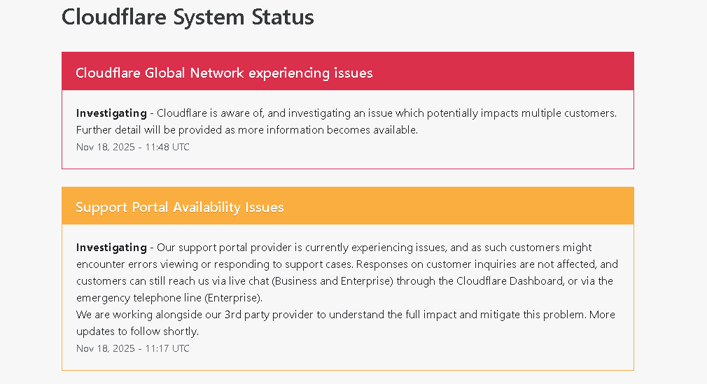 SoulwareTech's tweet photo. Cloudflare is down. If your website is not loading or you can't send email it could possibly be related as some customers on Cloudflare is experiencing outages. Cloudflare System Status reports global network issue. https://t.co/vyoejnuWIL