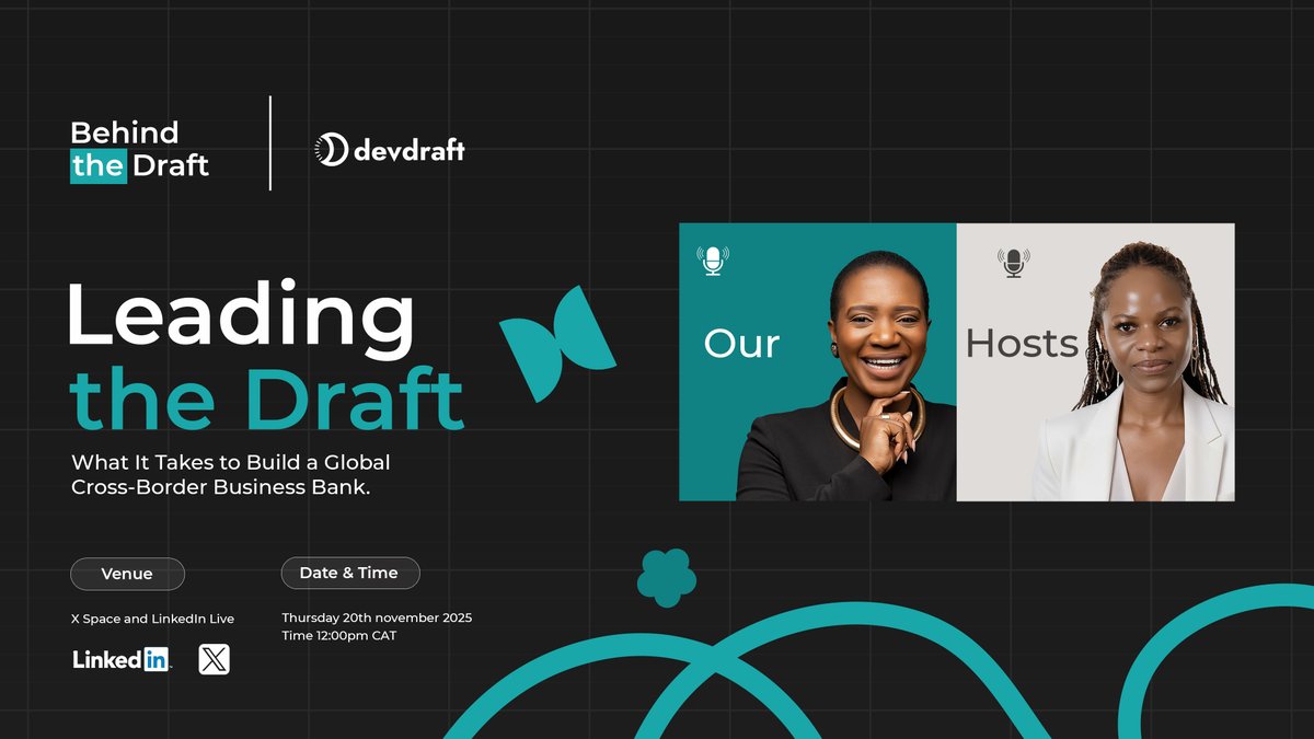 DevdraftAI's tweet image. If you’ve ever wondered how global money truly moves, this is your front-row seat.

🗓️ Launching this Thursday at 12pm CAT with Salifyanji J Namwila and Chikondi Kanyenda
🎙️ Live on X Spaces &amp;amp; LinkedIn Live
🔗linkedin.com/events/behindt…

#BehindTheDraft #Devdraft #GlobalBusinessBank…