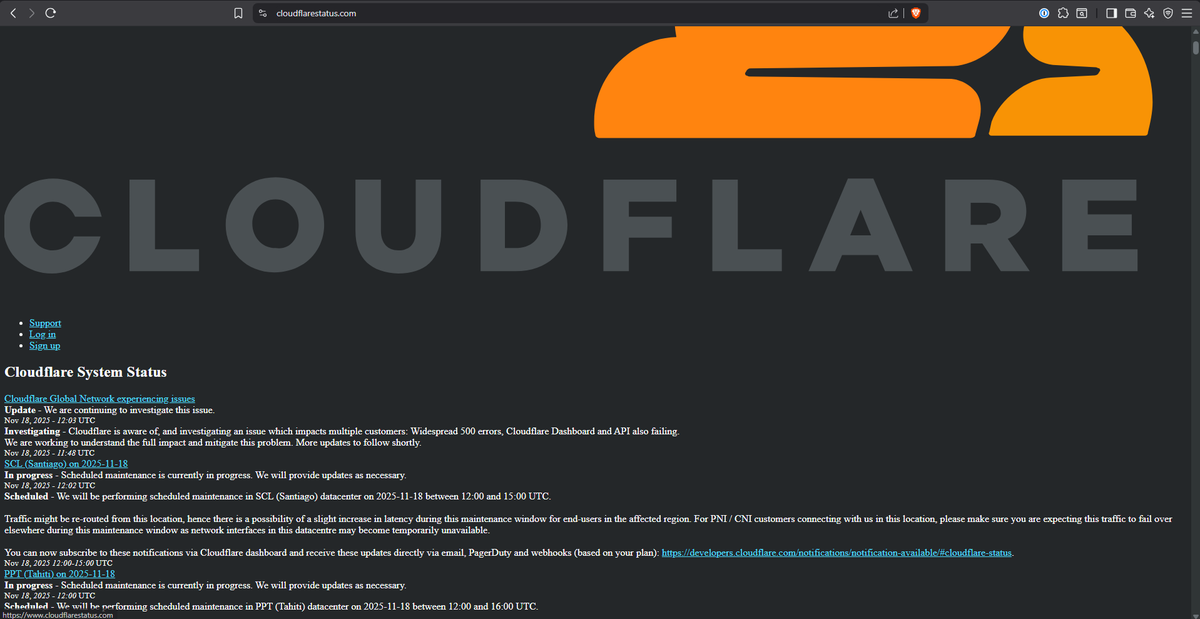 half the internet just died bc of cloudflare. even downdetector was down 😂