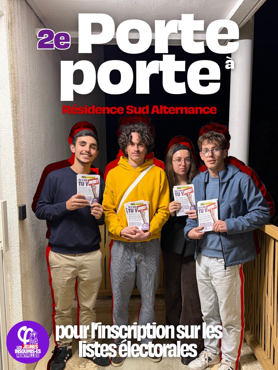 2️⃣«Je vais m’inscrire sur les listes électorales à Montpellier, c’est important de pouvoir voter dans sa ville d’étude.»

Les jeunes insoumis•es continuent leur tournée de Porte à Porte, cette fois à la résidence universitaire Sud Alternance.