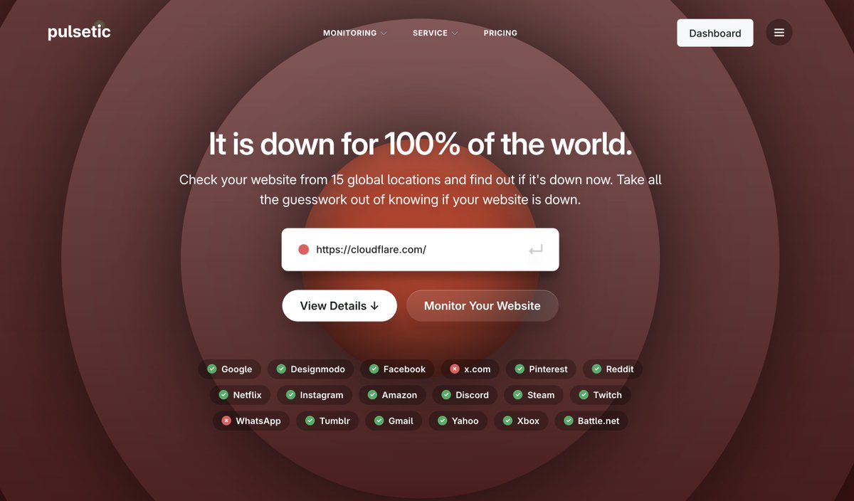 AndrewDeJackson's tweet image. Cloudflare is down for 100% of the world right now. If your services depend on it, expect outages, failed logins and broken dashboards.

You can check live status from multiple global locations on Pulsetic pulsetic.com/is-website-dow… and set alerts so you know the moment your site…