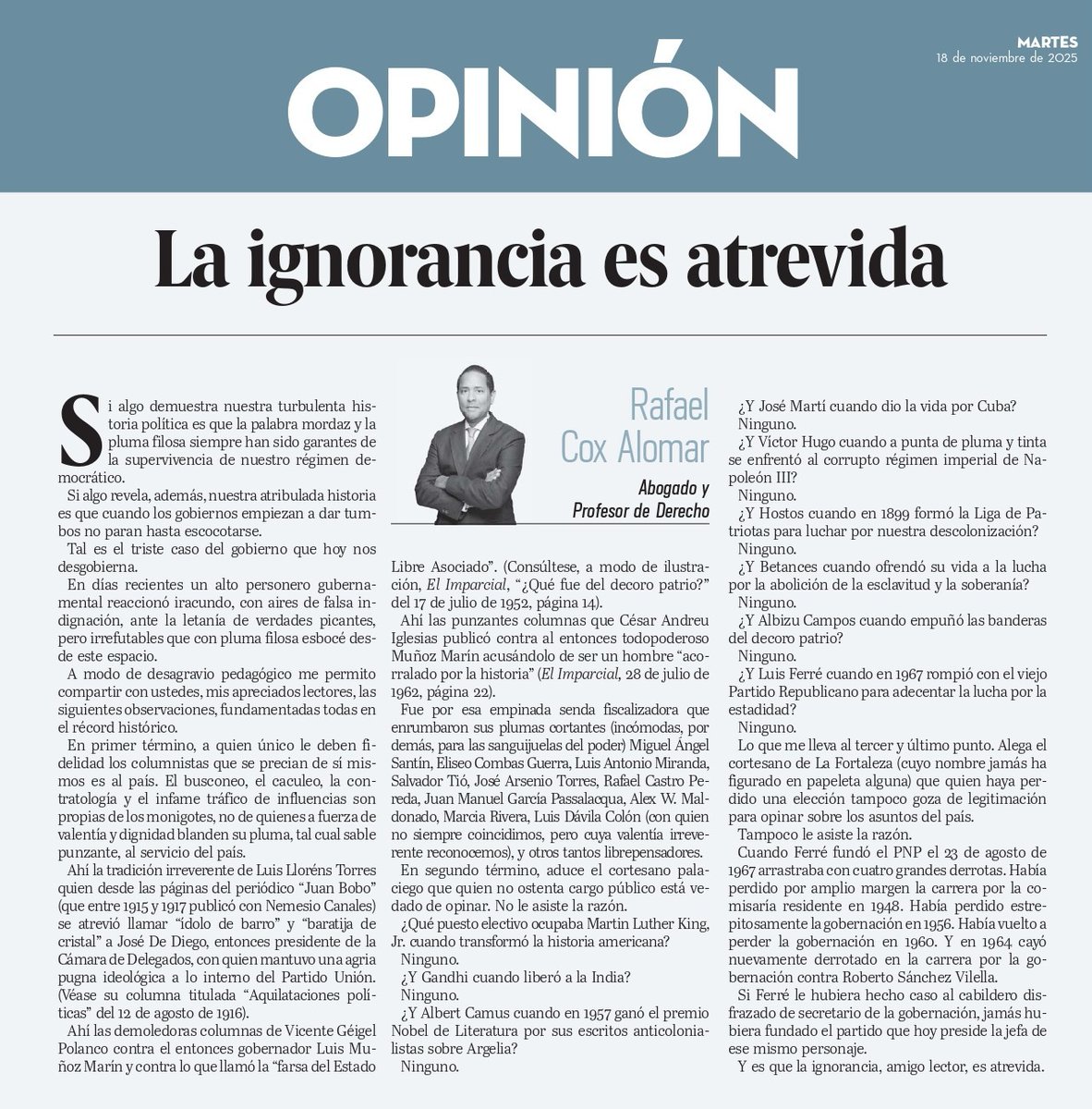 rcoxalomar's tweet image. &quot;La ignorancia es atrevida,&quot; hoy en @ElNuevoDia