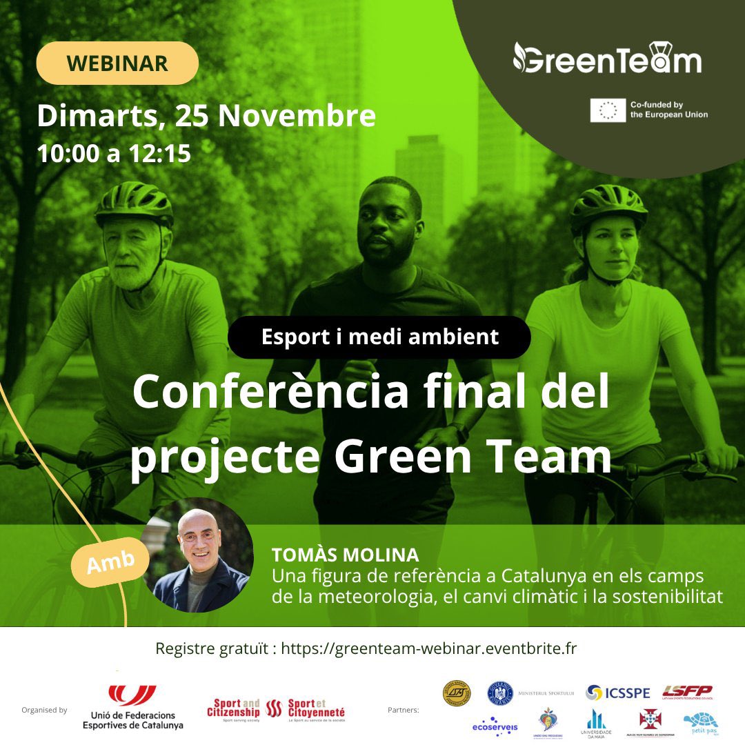 🌍 Conferència final GreenTeam — Últimes places!

El 25 de novembre (10:00–12:15 h) celebrem l’esdeveniment final del projecte, amb una sessió online per descobrir com l’esport pot ser motor de sostenibilitat.

🗣️ <a href="/TomasMolinaB/">Tomàs Molina</a> compartirà la seva visió sobre el rol de l’esport en