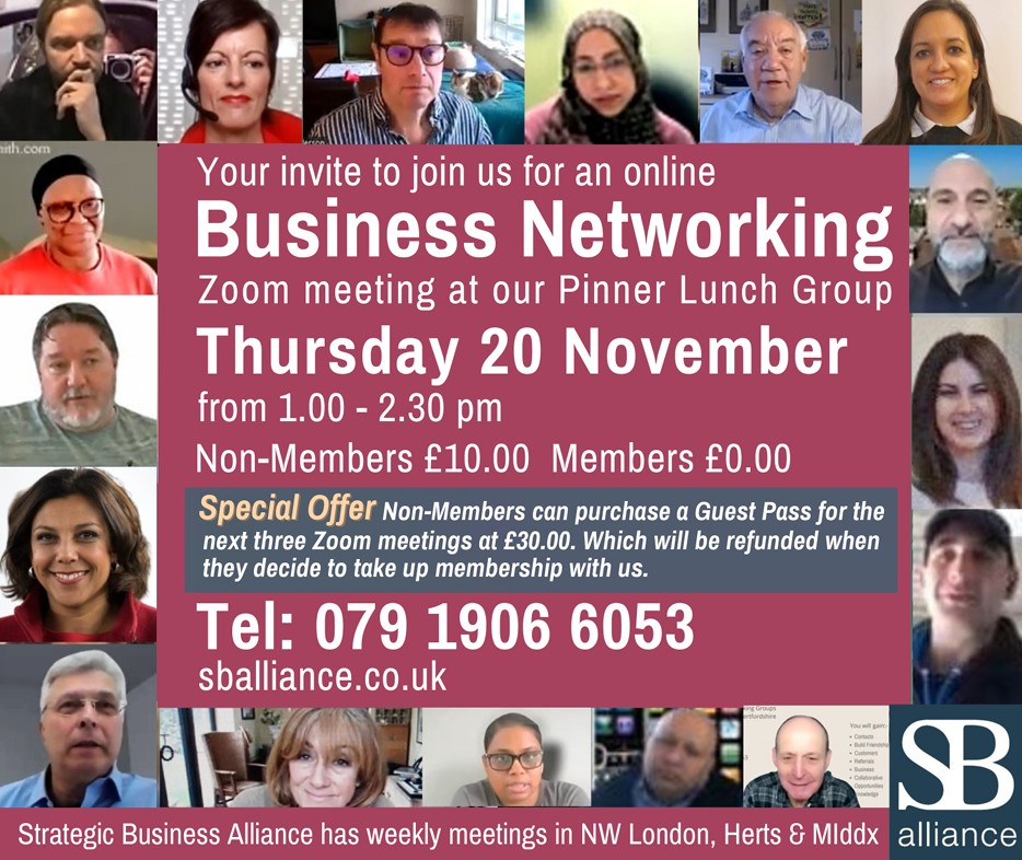 SB_Alliance_UK's tweet image. What are you doing this #Thursday? Then join us at our #Pinner online #business #networking #lunch #meeting on #zoom and your #SmallBusiness trades in the #Barnet #Borehamwood #Edgware #Harrow #London &amp;amp; #Watford  &amp;amp; you want to gain new #contacts &amp;amp; business sballliance.co.uk