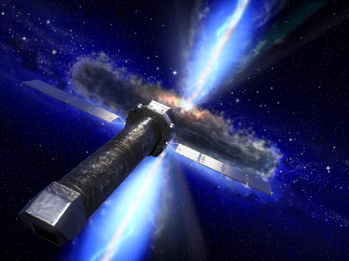 Artist's impression of the NewAthena spacecraft observing a supermassive black hole.