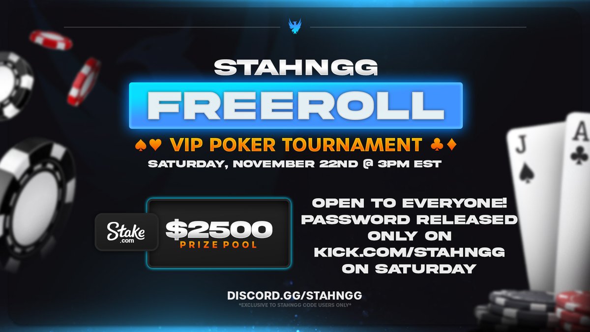 StahnGG's tweet image. We’re also back with the @Stake freeroll poker tournament! ♦️♣️

The tournament will be open to EVERYONE, not only code users.

It’s locked with a password which will only be revealed on stream this Saturday. Tune in to participate 🫡