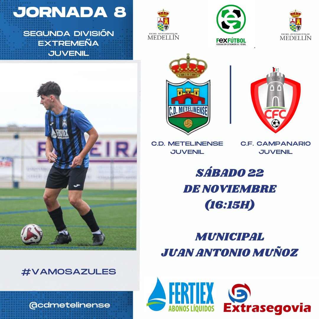 🔵 JUVENILES 🔵 

💥 Nuestros juveniles necesitan vuestro apoyo para recuperar la buena dinámica. 

➡️ Recibimos este sábado a un durísimo rival como es el C.F. Campanario, pero pelearemos para sacar un buen resultado. 

💪💙 ¡OS ESPERAMOS, VAMOS AZULES!