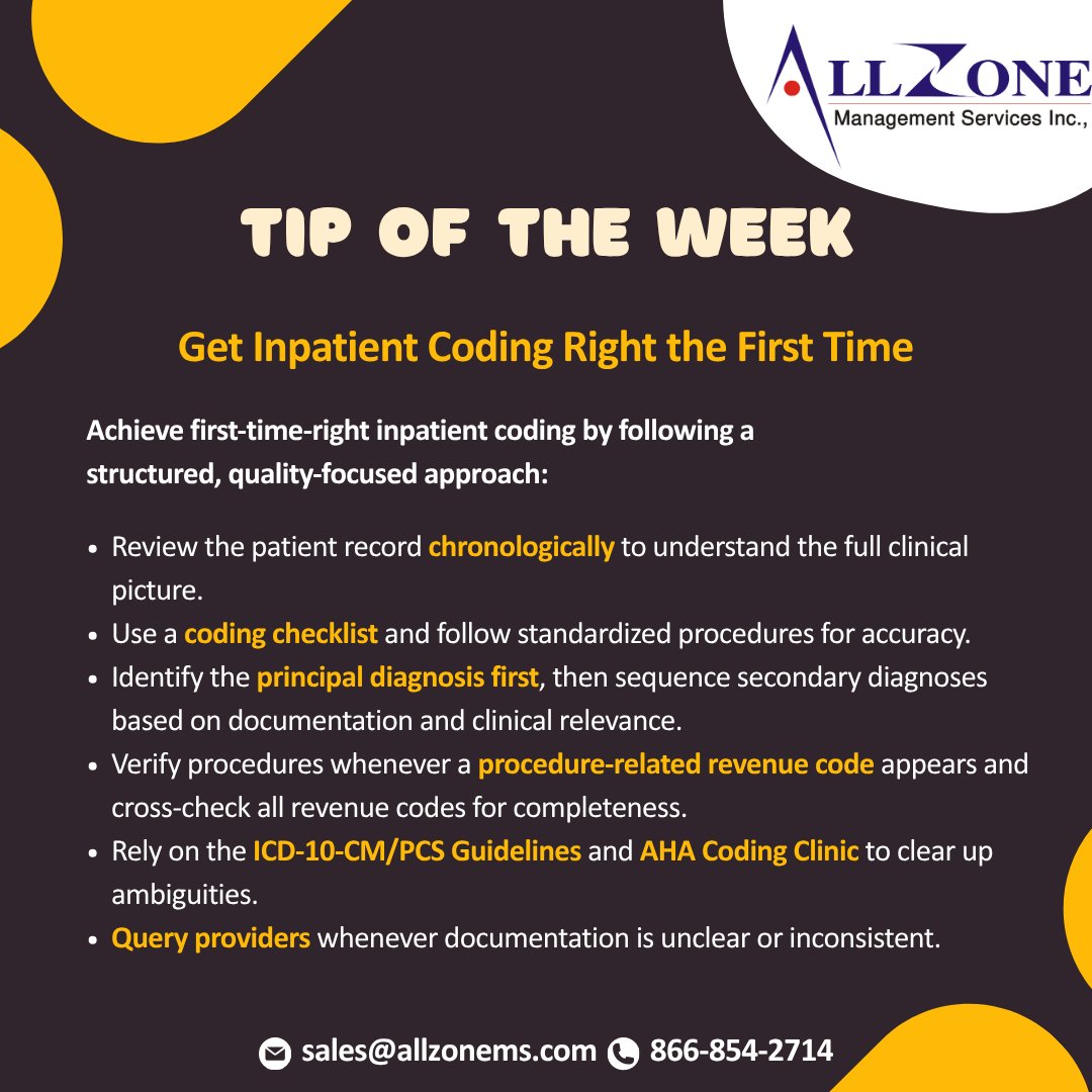 Allzone_Online's tweet image. Don&apos;t overlook the latest new and revised codes. A close review is essential for flawless billing and maximizing your #reimbursement.

#Allzonems #TipTuesday #MedicalCoding #TipoftheWeek #icd10 #medicalcoder #healthcare #inpatient #clinicaldocumentation #tuesdayvibe
