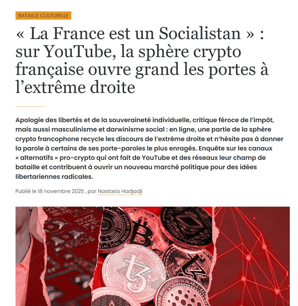 LeBunkerBtc's tweet image. Nastasia Hadjaji n’est pas insensible aux fascistes anarcho-capitalistes du Bunker.

Bref, une militante communiste qui écrit un article sur des libéraux.

Belle pub !

Lien en description 👇