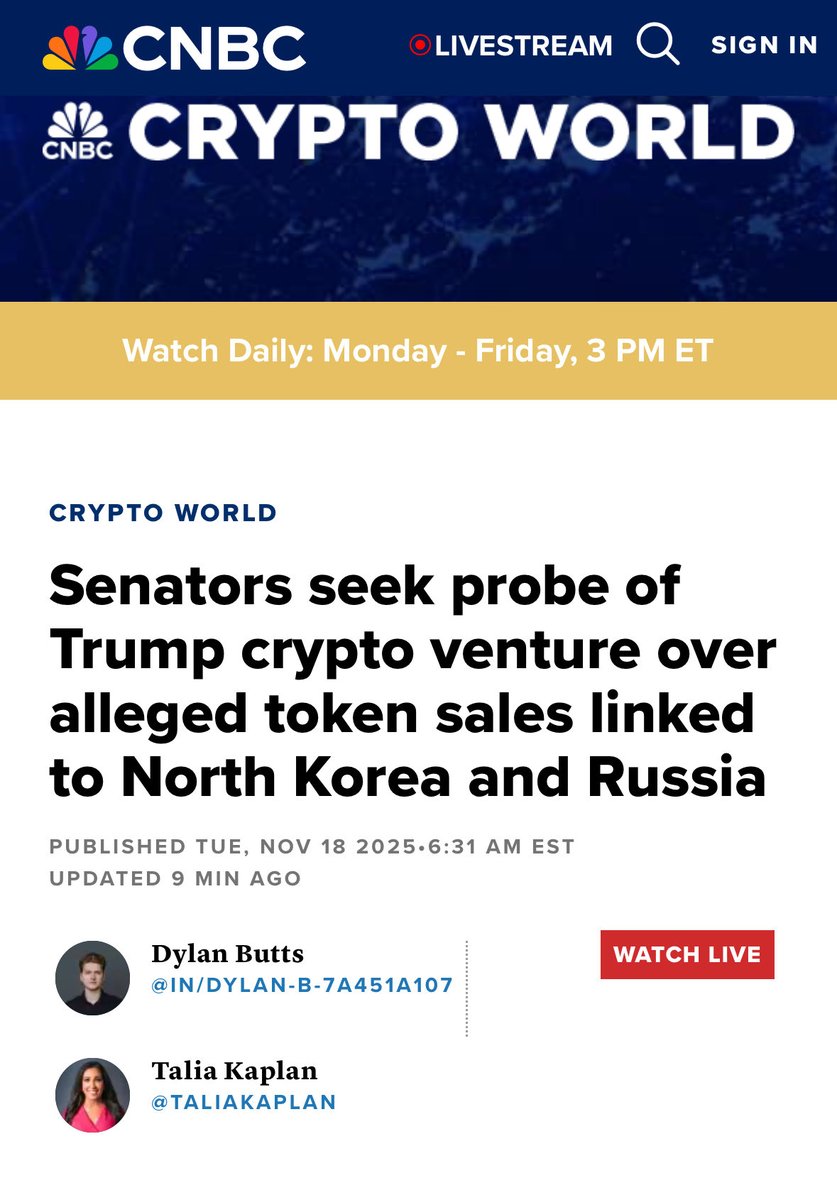 WLFI_MSTR's tweet image. WLFI与特朗普清白无辜而民主党垂死挣扎肮脏猎巫！

CNBC垃圾报道，不过是民主党两只老巫婆——沃伦和里德——又一次发动的恶毒政治暗杀！它们拿着Accountable.US这份左翼垃圾组织炮制的“报告”，硬要把特朗普家族创办的World Liberty…