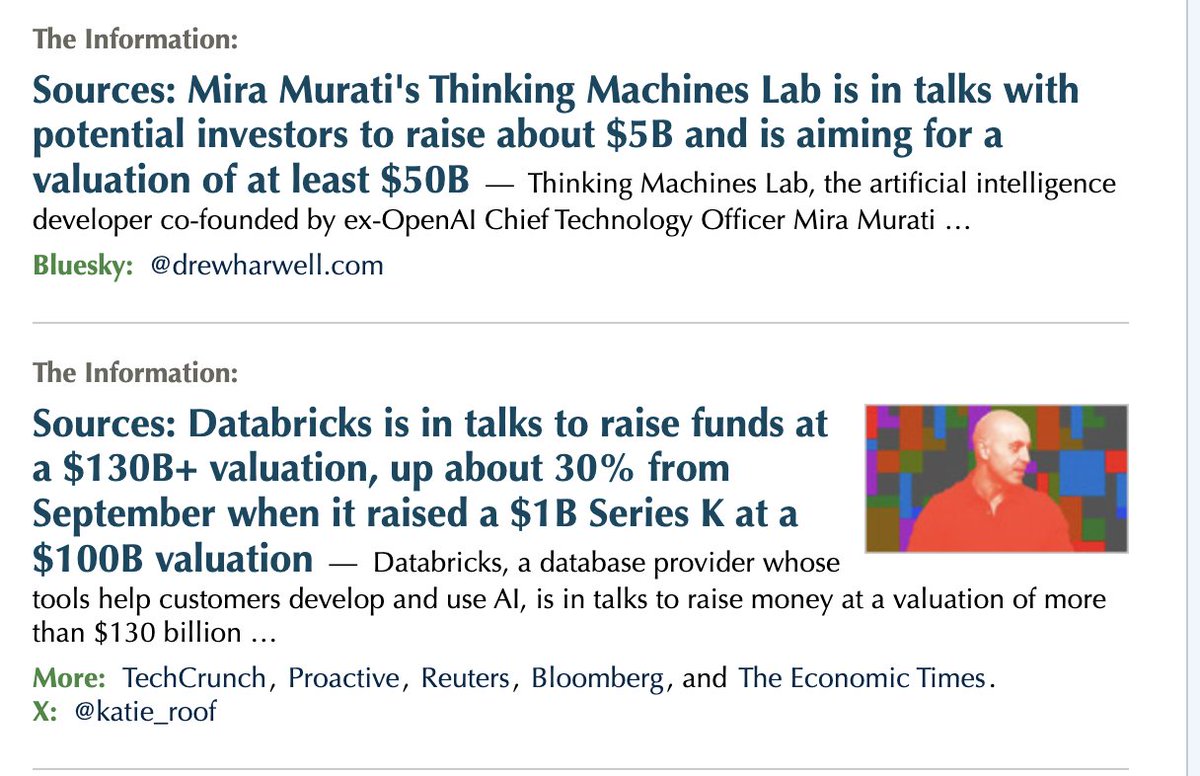 The AI bubble is real in some ways
<a href="/miramurati/">Mira Murati</a> 's new Thinking Machines - no product, no revenues - $50 Billion valuation in less than 18 months into its formation.

<a href="/databricks/">Databricks</a> is doing over $3B in revenue, growing at 40% YoY and is valued at $130B
