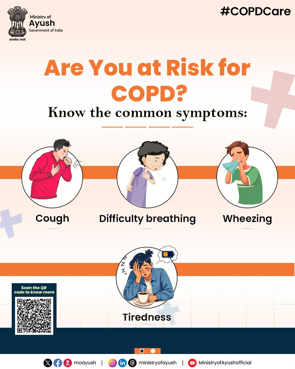 moayush's tweet photo. Recognising symptoms like cough, wheezing, tiredness, and difficulty breathing can help identify COPD early.
Tobacco smoking, biomass fuel, air pollution, and other risk factors can increase vulnerability.
Early awareness supports better respiratory health. 

#COPDcare https://t.co/wi0ev7bS8t