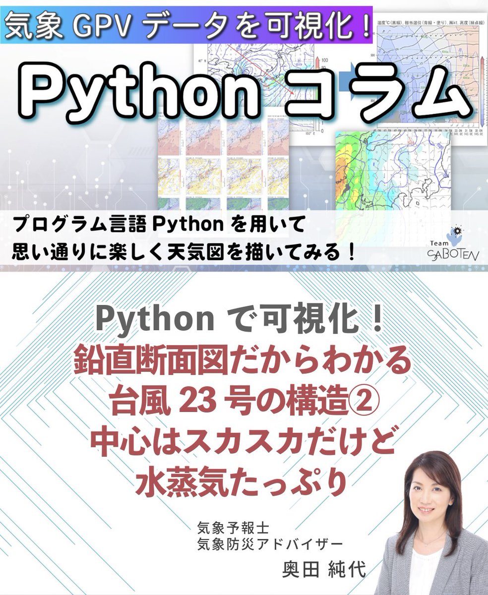 TeamSABOTEN's tweet image. サボテンブログを更新しました🌵

『 Pythonで可視化！
   鉛直断面図だからわかる
   台風23号の構造②
   中心はスカスカだけど
   水蒸気たっぷり               』
team-saboten.com/post/python2

今年やってきた台風23号の構造を
鉛直断面図で見てみませんか？

ぜひ続編をご覧ください😉

#Python講座