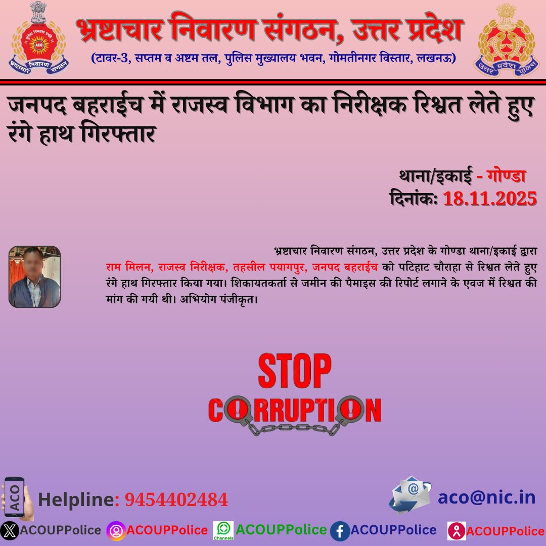 भ्रष्टाचार के विरुद्ध जीरो टालरेंसः- #ACOUPPolice के गोण्डा थाना/इकाई द्वारा जनपद बहराईच में राजस्व निरीक्षक को ₹6,000/- की रिश्वत लेते हुए रंगे हाथ गिरफ्तार किया गया। 
हेल्पलाइन- 9454402484
<a href="/Uppolice/">UP POLICE</a> <a href="/CMOfficeUP/">CM Office, GoUP</a> <a href="/dgpup/">DGP UP</a>
<a href="/homeupgov/">Home Department, UP</a> <a href="/sanjaychapps1/">Sanjay Prasad</a>