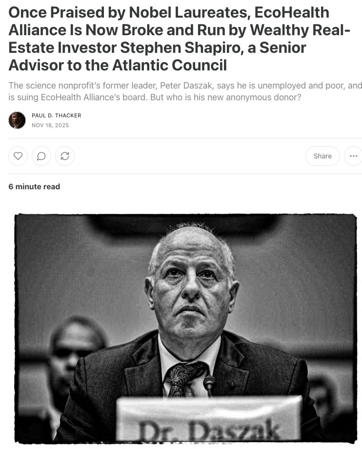 thackerpd's tweet image. 1) Stephen Shapiro now runs EcoHealth Alliance. He&apos;s a Jeffrey Epstein-like character, who made millions in real estate while advising Zelensky and NATO generals.

Also, I found Peter Daszak&apos;s new dark money funder.