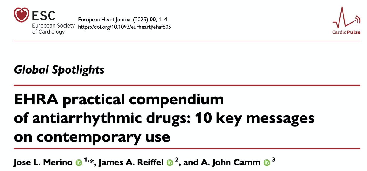joselmerino's tweet image. Our new paper is out in the European Heart Journal!
A practical, updated guide to antiarrhythmic drug use — distilled into 10 key messages for modern clinical practice.

Proud to work with James Reiffel &amp;amp; John Camm on this.
doi.org/10.1093/eurhea…