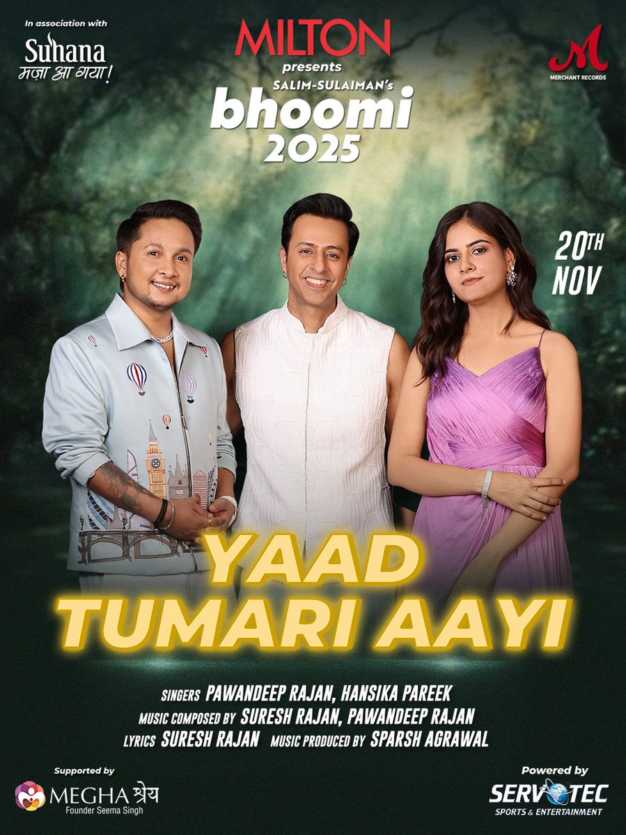 Presenting Yaad Tumari Aayi from Bhoomi25 sung by <a href="/pawandeeprajan9/">Pawandeep Rajan Official</a> &amp; <a href="/Hansikapareek/">Hansika pareek</a>, composed and written by Suresh Rajan ji. Releasing 20 Nov 2025.

<a href="/MiltonHomewares/">Milton</a> presents Bhoomi25, in association with <a href="/SuhanaTaste/">SuhanaTheTastemakers</a>, supported by <a href="/meghashrey_ngo/">Meghashrey NGO</a> &amp; powered by <a href="/ServotechSports/">ServotechSports</a>.