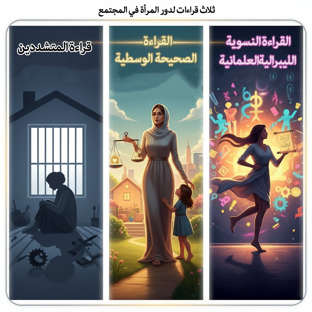 💢 عندنا اليوم قراءتان متطرفتان لدور #المرأة_في_المجتمع:

1⃣ القراءة المتشددة:
ترى أن دور المرأة ينحصر داخل جدران البيت، وأن خروجها أو مشاركتها الاجتماعية أمر مرفوض. هذه النظرة تلغي طاقات المرأة الفطرية ومواهبها الطبيعية، وتحوّلها إلى كائن معطّل لا يُسمح له بالمساهمة أو الإنتاج.