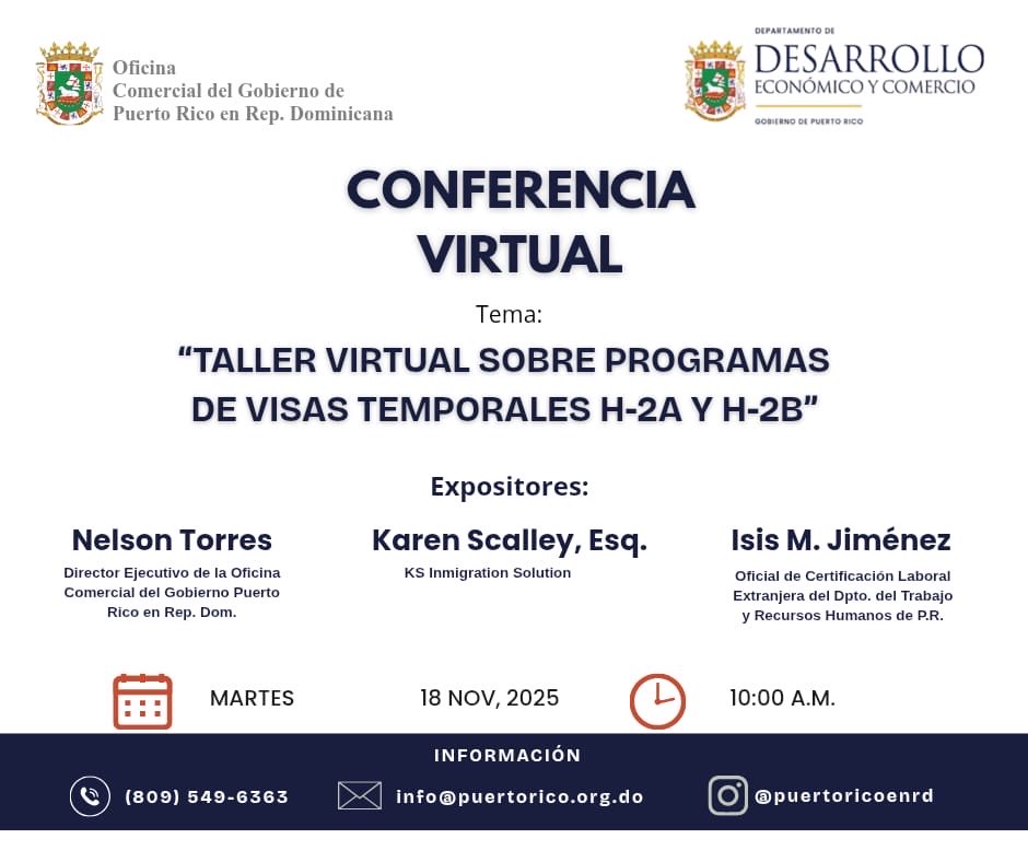 PUERTORICOenRD's tweet photo. Hoy!! Estas a tiempo de inscribirte : Taller Virtual sobre Programas de Visas Temporales H-2A y H-2В. https://t.co/s2pqaFophs https://t.co/758h2wjE5q
