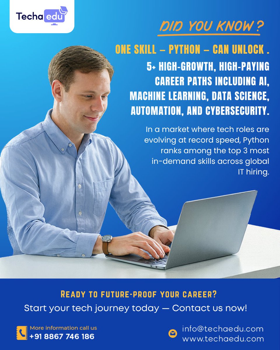 techaedu's tweet image. ⚡ Did You Know?
Learning #Python can open doors to high-growth careers like AI, ML, data science, #automation, and backend dev—all from ONE skill.

💡 Want a future-proof career?
Start with the skill employers can&apos;t stop hiring for.
📞 +91 8867 746 186
🌐 techaedu.com