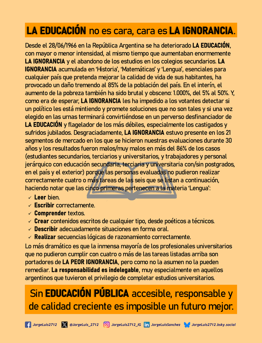 JorgeLuis_2712's tweet photo. Lo q dice #TomasRebord sobre la #ignorancia de los jóvenes arg es cierto pero + grave xq abarca a los jóvenes de 15 a 35 años. Desde el 28/06/1966 lo q + aumentó es #LaPobreza (del 5% al 50%) y luego le sigue #LaIgnorancia. Al mismo tiempo q se destruía la #EducacionPublica. https://t.co/WGKq4Kw9kA
