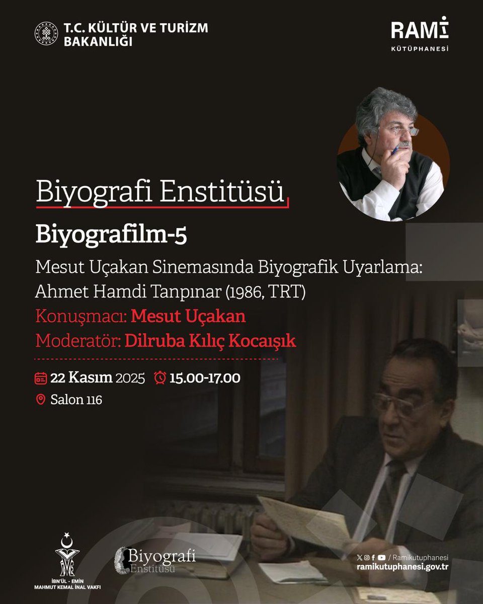 Sinema ile biyografinin buluştuğu büyülü alanı keşfetmeye hazır mısın? 🎬✨

Biyografi Enstitüsü’nün Biyografilm-5 programında; 1986 yapımı Ahmet Hamdi Tanpınar Belgeseli'ni, senaristi ve yönetmeni Mesut Uçakan ile birlikte yeniden değerlendiriyoruz. Belgeselden özel kesitler