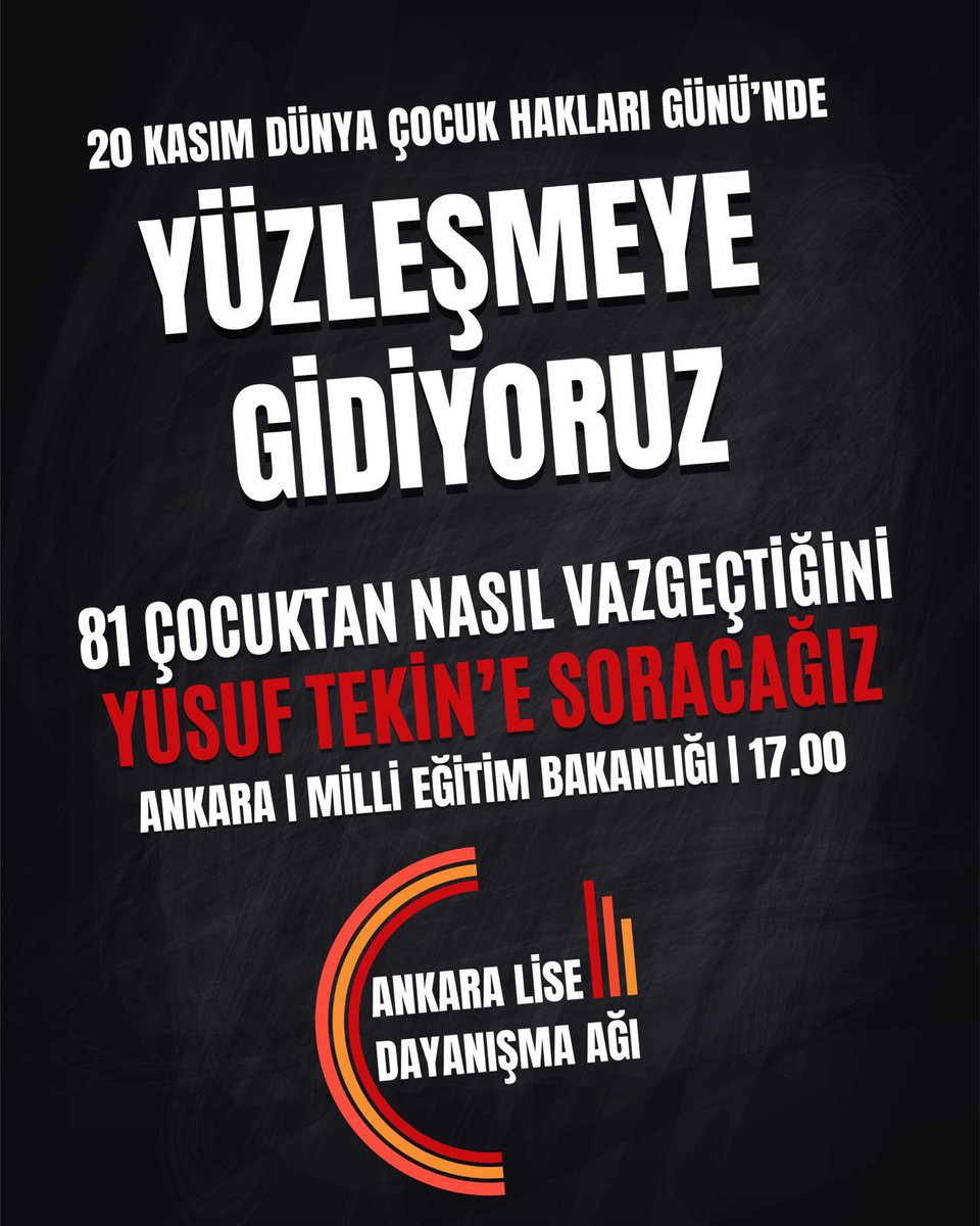 ankaradayanisma's tweet photo. 20 KASIM DÜNYA ÇOCUK HAKLARI GÜNÜ’NDE YÜZLEŞMEYE GİDİYORUZ!

81 çocuktan nasıl vazgeçtiğini Yusuf Tekin’e soracağız! 

📍Ankara - Milli Eğitim Bakanlığı 
🗓️20 Kasım Perşembe
🕣17.00 https://t.co/gGs6LqGYRG
