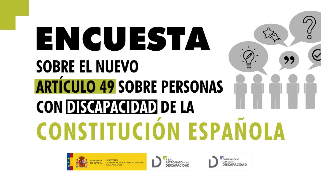 RPDiscapacidad's tweet image. En 2024 se cambió el artículo 49 de la Constitución Española, sobre las personas con discapacidad. 

Queremos saber tu opinión sobre este cambio. 👇

✍️ Encuesta anónima
⏳ Sólo 5 minutos

- En lenguaje claro: f.mtr.cool/nwcxyhecge
- O en #lecturafácil: f.mtr.cool/srfpnxnxse