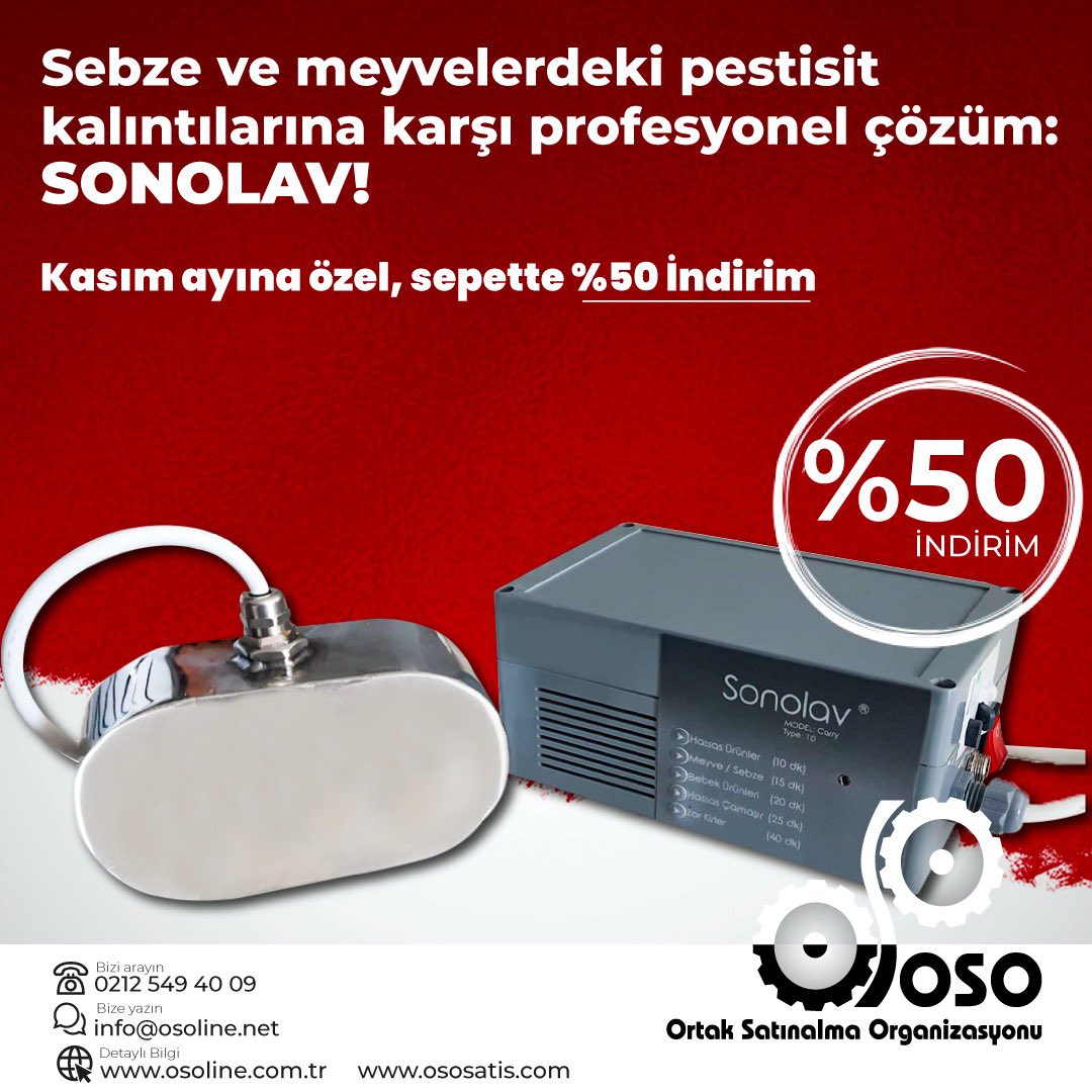 OSOLINE_'s tweet image. Sebze ve meyvelerdeki pestisit kalıntılarına karşı profesyonel çözüm: SONOLAV!  Kasım ayına özel, sepette %50 indirim
Kasım ayına özel fırsatlar sizi bekliyor.

#OSOSATIŞ #Sonolav #PestisitGiderme #SebzeMeyve #EndüstriyelMakineler