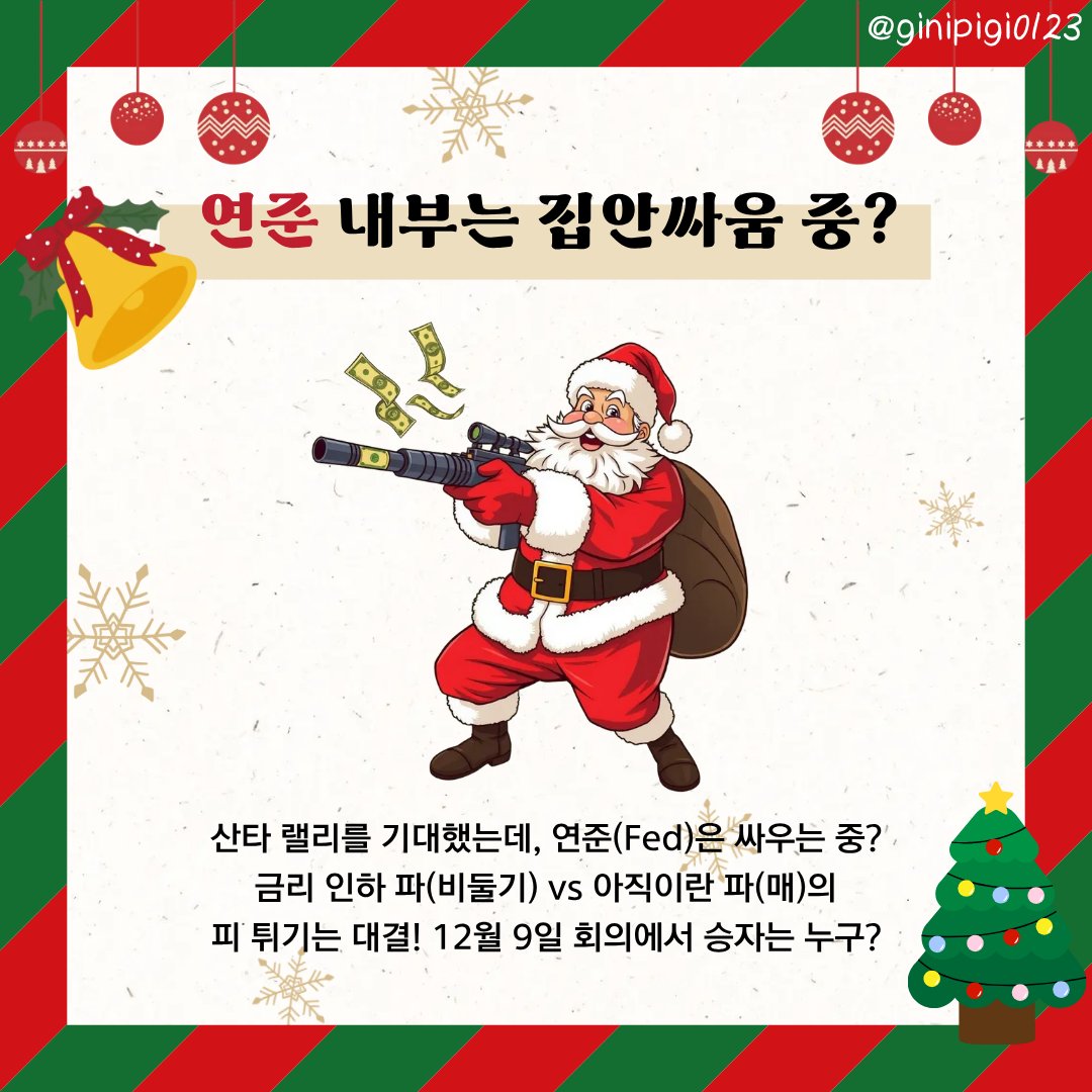 ginipigi0123's tweet image. 산타 할아버지 안 오시나요?
끝내주는 산타 랠리만 기다리고 있었는데...

지금 연준(Fed) 내부에서 금리 인하와 동결로
엄청나게 싸우고 있다는 사실!

지금 당장 확인하고, 내 계좌는 내가 지켜요 🧑🏻‍🎄

#미국주식 #금리인하 #FOMC