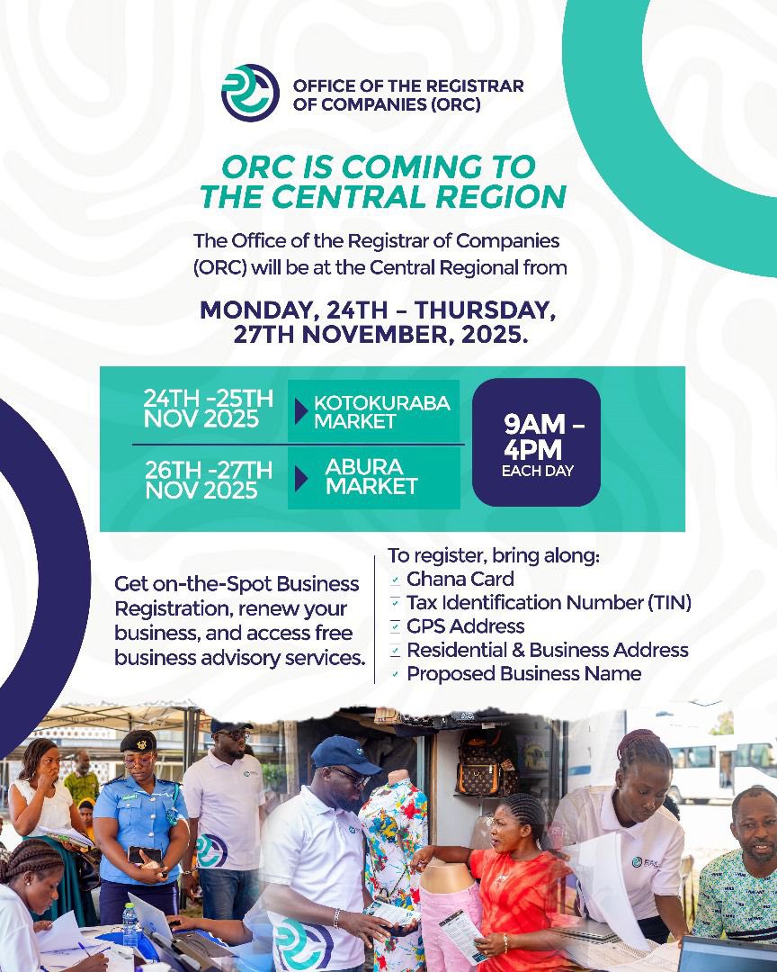 Central Region, get ready!
ORC is landing in Kotokuraba and Abura markets from 24–27 Nov. Come register your business, renew it, or get free advice on the spot. See you there!

#ORCGhana #CapeCoast #BusinessRegistration #CentralRegion #ORCOnTheMove #GhanaBusiness