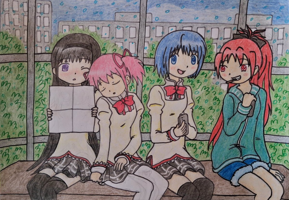 Majka_626's tweet image. I messed up since my black marker has ran out, so I had to change..

Anyway, waiting for a bus in rain is kinda boring.. or not?

#madokamagica #pmmm #madokamagicafanart #madoka #madokakaname #homura #homuraakemi #sayaka #sayakamiki #kyouko #kyoukosakura #madohomu #kyosaya