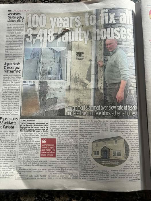 Councillor Ali Farren Thanks to Niall McGreevy for your article in Irish Daily Mirror Just trying to highlight the Defective homes we live in. 100% Redress Party