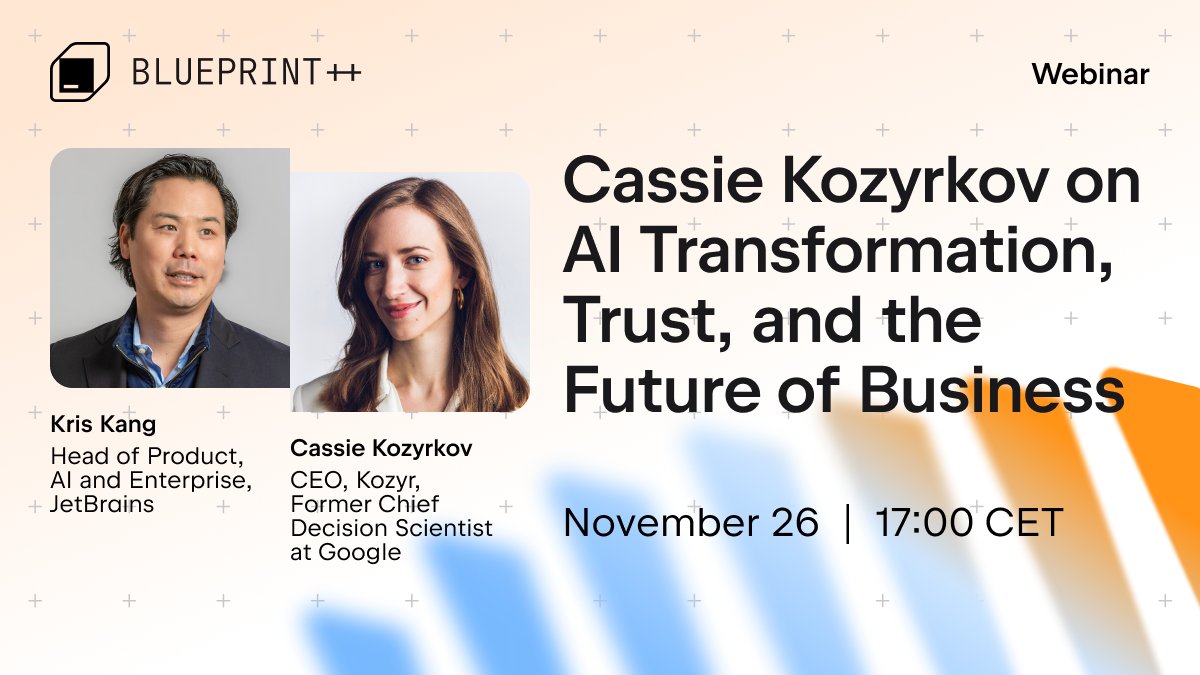 jetbrains's tweet image. Want to explore AI transformation without the hype?

Join us for an insightful webinar with Cassie Kozyrkov and Kris Kang as they discuss responsible AI adoption, closing the trust gap, and fostering experimentation.

📅 Nov 26

🕓 4:00 pm UTC

🔗 Register:…