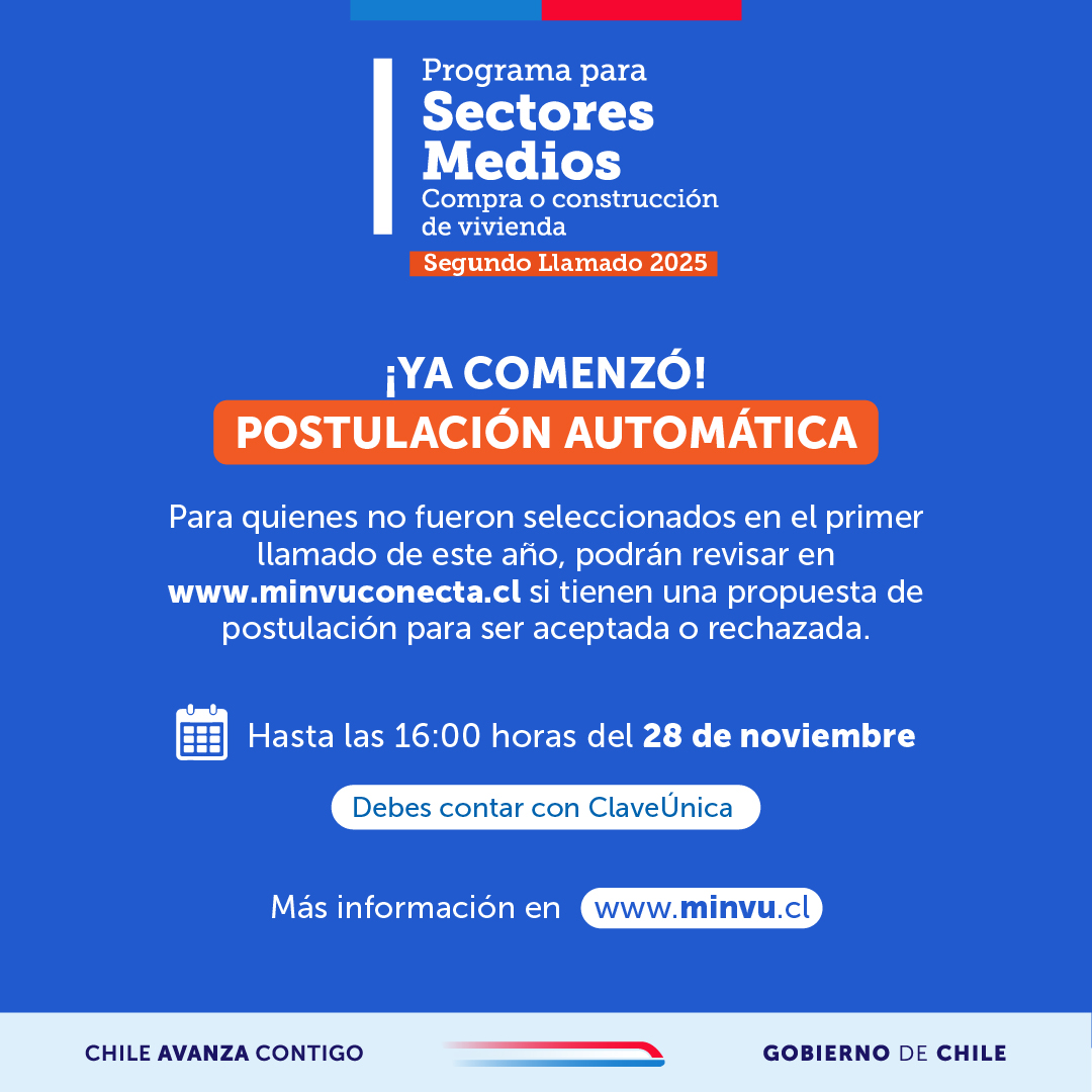 📢 ¡Comenzó la Postulación Automática para el subsidio Sectores Medios (DS1)! 

📷 Esta opción es para quienes no fueron seleccionados en el 1° llamado de este año.
 
📷 En minvu.cl conoce la que te corresponde