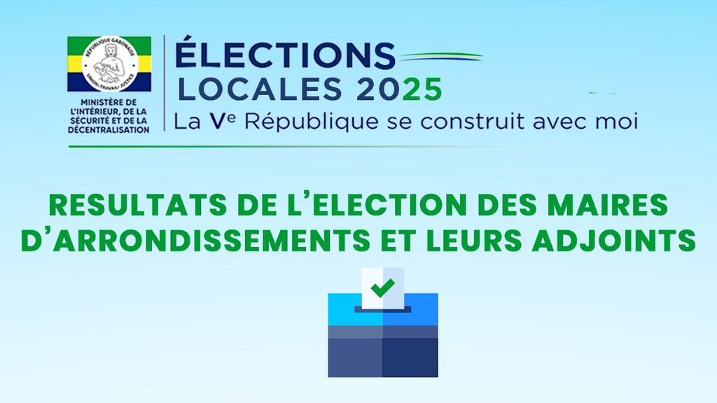[RESULTATS DE L’ÉLECTION DES MAIRES D'ARRONDISSEMENTS ET LEURS ADJOINTS]

 Cliquez ici pour consulter la liste détaillée des résultats. 

interieur.gouv.ga/object.getObje…