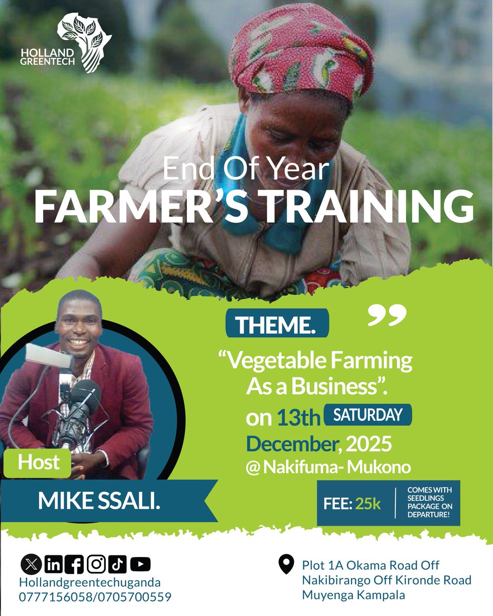 Join Holland Greentech for a powerful farmers’ training session on 13th December 2025, focused on turning vegetable farming into a profitable business.

📅 HAPPENING SOON
📍 Venue: Nakifuma, Mukono (Along Kayunga Road)
🔗 Registration link:forms.gle/HWbbKEvSC73zYS…