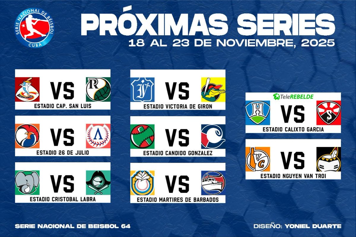 Conavil_ECM's tweet image. ⚾️ 64 Serie Nacional de Béisbol 
🔜 Próximas series 
📅 18 al 23 de noviembre 
📌 Día 21 - Jornada de descanso 
🏟 Calixto García 
🐕 Cachorros de Holguín 🆚️ 🐝 Avispas de Santiago 
📺 Tele Rebelde
@Conavil_ECM #LatirAvileño 
#64snb #100AñosConFidel