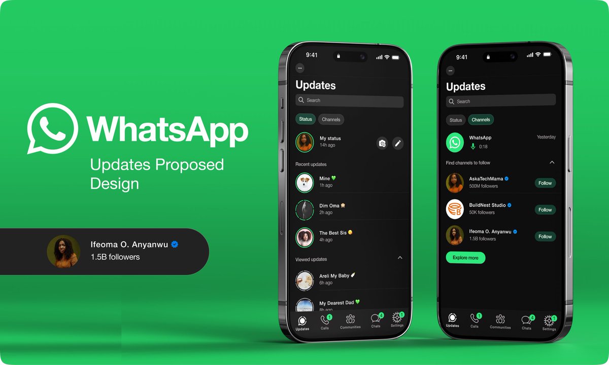 IfyDesigns's tweet image. I did a case study of the @WhatsApp Status &amp;amp; Channels feature…

Personally, I’ll love if both features were separated &amp;amp; not placed in the same area which is what I did here.

PS: You can hardly tell this is a clone 😅

#UIUXDesign #figma 

behance.net/gallery/235269…