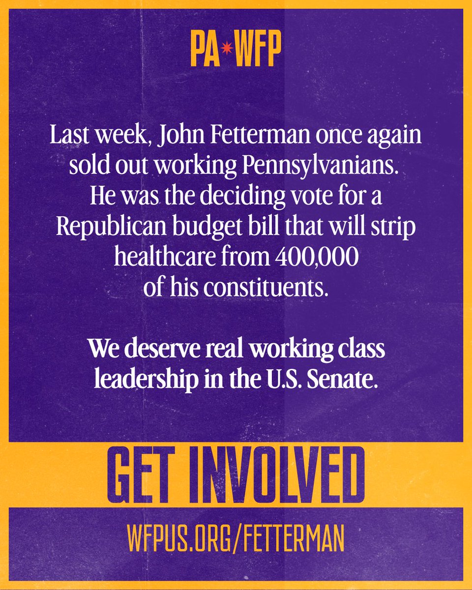 PAWorkFamilies's tweet image. We&apos;re primarying John Fetterman.

Last week, Fetterman once again sold out working Pennsylvanians. He was the deciding vote for a Republican budget bill that will strip healthcare from over 400,000 Pennsylvanians.

We deserve real working class leadership in the U.S. Senate.