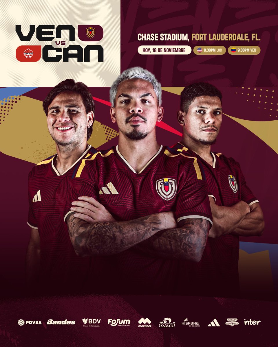SeleVinotinto's tweet image. Hoy juegan los nuestros, 𝙝𝙤𝙮 𝙟𝙪𝙚𝙜𝙖 𝙇𝙖 𝙑𝙞𝙣𝙤𝙩𝙞𝙣𝙩𝙤 🇻🇪

⚽ Venezuela 🆚 Canadá 
⌚️ 9:30 PM (VEN) | 8:30 PM (LOC)
🏟 Chase Stadium, Fort Laudardale 
📺 @Canal_Televen
📻 Candela 91.9 FM

#SiempreVinotinto