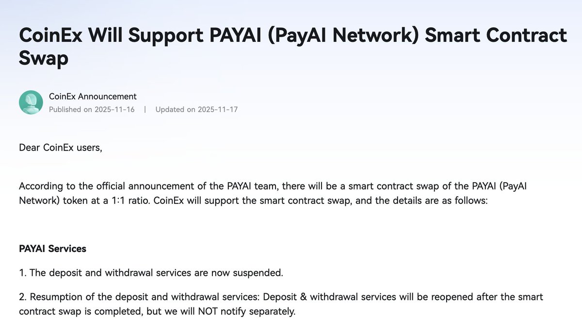 MigrateFun's tweet image. CoinEx will be supporting @PayAINetwork migration coinex.com/en/announcemen…